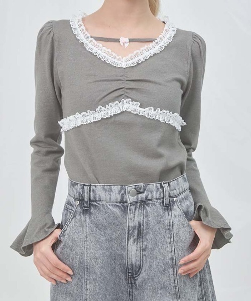 セール】レースフリルフレンチトップス（ニット/セーター