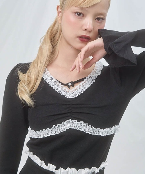 FickleBebe(フィクルベベ)の「レースフリルフレンチトップス(ニット/セーター・レディース・ホワイト/ブラック/グレー・FREE)」の18枚目の写真