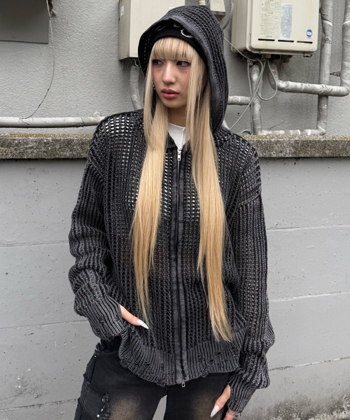 Figments（フィグメンツ）の「ブロックメッシュニットパーカー（パーカー・レディース・ブラック・FREE）」の3枚目の写真