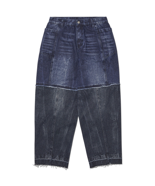 NOMANUAL(NOMANUAL)の「HALF & HALF DENIM PANTS - WASHED NAVY(デニムパンツ・レディース・その他・MEDIUM/LARGE/SMALL)」の1枚目の写真