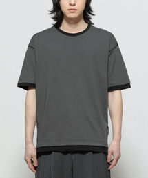 カバーステッチレイヤードTシャツ[グレー×ブラック]