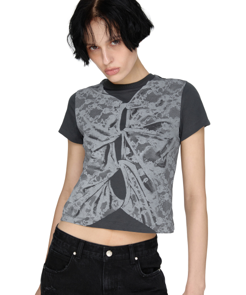 SUNBURNPROJECT(サンバーンプロジェクト)の「Lace Printing Layered T-shirt, CHARCOAL(Tシャツ/カットソー・レディース・その他・FREE)」の1枚目の写真