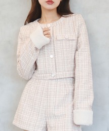 CECIL McBEE | ファンシーツイード袖ボア付きジャケット(ノーカラージャケット)