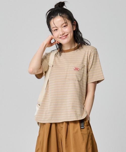 KRIFF MAYER Lady's Collection（クリフメイヤーレディースコレクション）の「配色リブ 刺繍ワッペン 細ボーダーTシャツ / ロンT / ワンポイント / コットン100%（Tシャツ/カットソー・レディース・ナチュラル/ネイビー/ベージュ/ライトグリーン・LARGE/MEDIUM）」の2枚目の写真