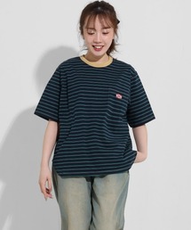 配色リブ 刺繍ワッペン 細ボーダーTシャツ / ロンT / ワンポイント / コットン100%