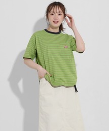 配色リブ 刺繍ワッペン 細ボーダーTシャツ / ロンT / ワンポイント / コットン100%