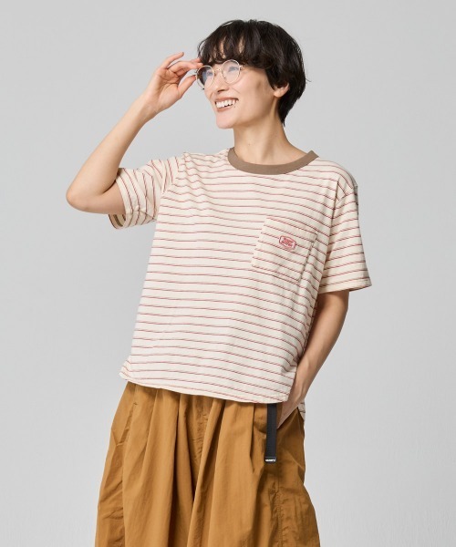 KRIFF MAYER Lady's Collection（クリフメイヤーレディースコレクション）の「配色リブ 刺繍ワッペン 細ボーダーTシャツ / ロンT / ワンポイント / コットン100%（Tシャツ/カットソー・レディース・ナチュラル/ネイビー/ベージュ/ライトグリーン・LARGE/MEDIUM）」の6枚目の写真