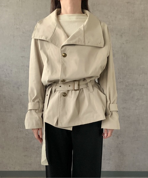 セール】【26年春夏新作】ベルト付き金ボタンスタンドカラー トレンチ