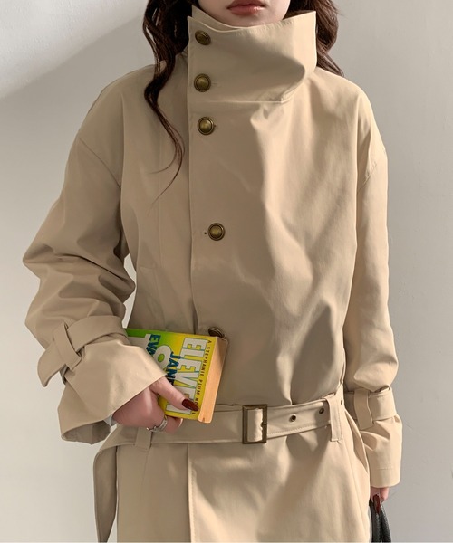 セール】【26年春夏新作】ベルト付き金ボタンスタンドカラー トレンチ
