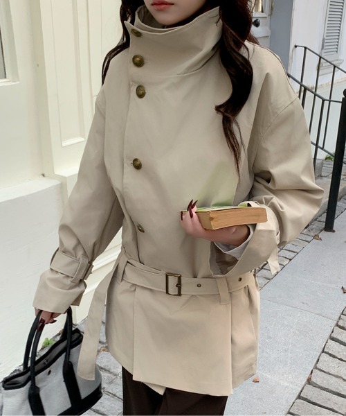 セール】【26年春夏新作】ベルト付き金ボタンスタンドカラー トレンチ