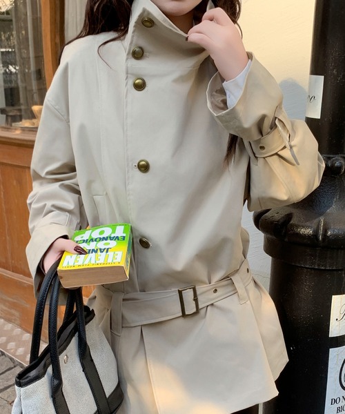 セール】【26年春夏新作】ベルト付き金ボタンスタンドカラー トレンチ