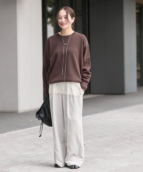 JOURNAL STANDARD（ジャーナルスタンダード）の「《追加2》レースヘム クルーネックシアーロングT（Tシャツ/カットソー・レディース・アイボリー/ブラック・FREE）」の5枚目の写真