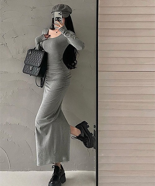 gossip！ロサンゼルス（ゴシップロサンゼルス）の「ドレープデザイン 美シルエットワンピース（ワンピース・レディース・ブラック/グレー・M）」の8枚目の写真
