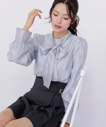 袖タックシアーボウタイブラウス