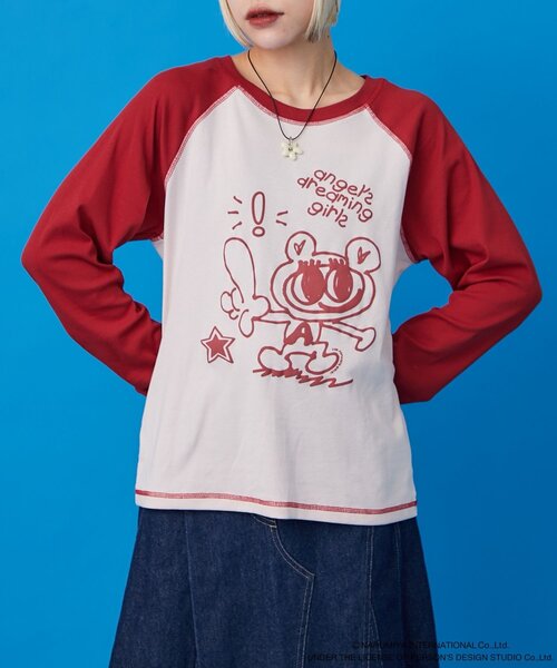 w closet(ダブルクローゼット)の「【ANGEL BLUE】ナカムラくん落書きラグランTシャツ(Tシャツ/カットソー・レディース・サックスブルー/ピンク・FREE)」の1枚目の写真