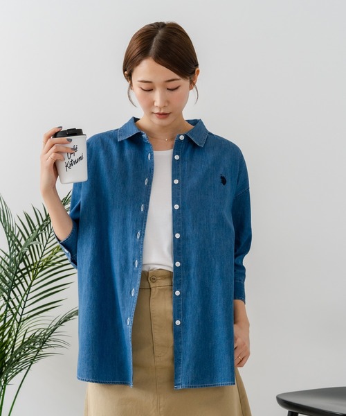 U.S. POLO ASSN.（ユーエスポロアッスン）の「【U.S. POLO ASSN./ユーエスポロアッスン】【サラッと軽い4.5ozデニム】7分袖シャツ ワンポイントロゴ刺繍 薄手・高通気 春夏クリーンカジュアル（シャツ/ブラウス・レディース・インディゴブルー/ブルー・LARGE/MEDIUM）」の6枚目の写真