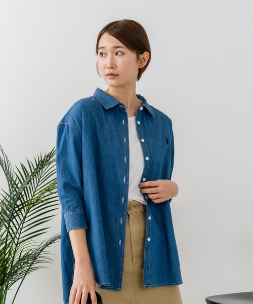 U.S. POLO ASSN.（ユーエスポロアッスン）の「【U.S. POLO ASSN./ユーエスポロアッスン】【サラッと軽い4.5ozデニム】7分袖シャツ ワンポイントロゴ刺繍 薄手・高通気 春夏クリーンカジュアル（シャツ/ブラウス・レディース・インディゴブルー/ブルー・LARGE/MEDIUM）」の7枚目の写真