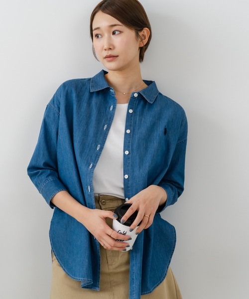 U.S. POLO ASSN.（ユーエスポロアッスン）の「【U.S. POLO ASSN./ユーエスポロアッスン】【サラッと軽い4.5ozデニム】7分袖シャツ ワンポイントロゴ刺繍 薄手・高通気 春夏クリーンカジュアル（シャツ/ブラウス・レディース・インディゴブルー/ブルー・LARGE/MEDIUM）」の9枚目の写真