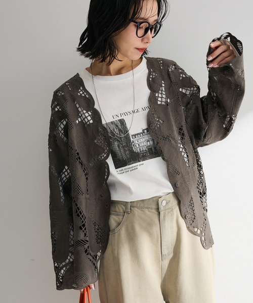 Green　Parks（グリーンパークス）の「レースカーディガン（カーディガン/ボレロ・レディース・アイボリー/グレー/カーキ・FREE）」の2枚目の写真