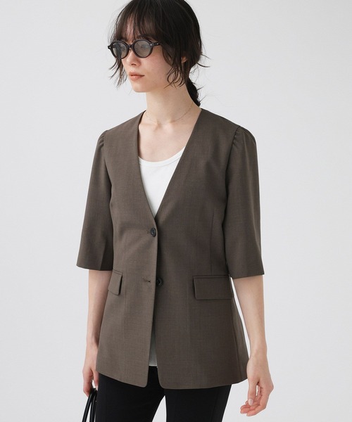 BABYLONE（バビロン）の「【多機能素材】5部袖ジャケット（ノーカラージャケット・レディース・モカ/グレー・38inch/36inch）」の2枚目の写真