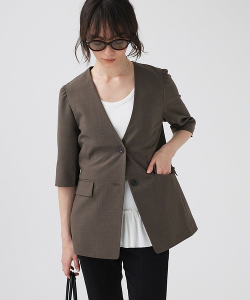 BABYLONE（バビロン）の「【多機能素材】5部袖ジャケット（ノーカラージャケット・レディース・モカ/グレー・38inch/36inch）」の3枚目の写真