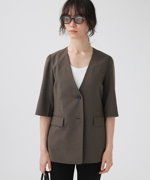 BABYLONE（バビロン）の「【多機能素材】5部袖ジャケット（ノーカラージャケット・レディース・モカ/グレー・38inch/36inch）」の4枚目の写真