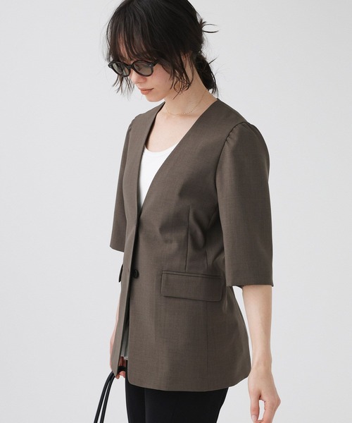 BABYLONE（バビロン）の「【多機能素材】5部袖ジャケット（ノーカラージャケット・レディース・モカ/グレー・38inch/36inch）」の6枚目の写真