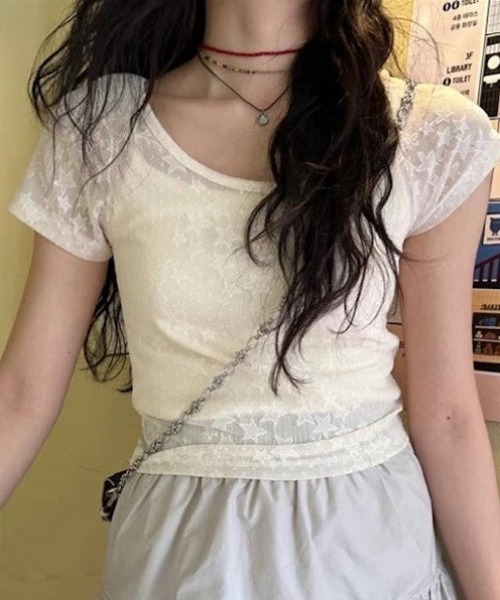 Lis ardent(リスアルダン)の「スター柄シアー半袖Tシャツ/レイヤード・コンパクト・韓国ガーリー(Tシャツ/カットソー・レディース・ブラック/ホワイト・M)」の6枚目の写真