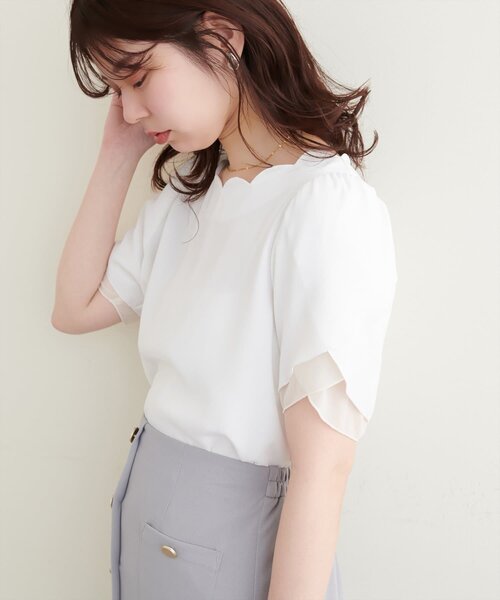 セール】チューリップスリーブスカラップネックブラウス（シャツ