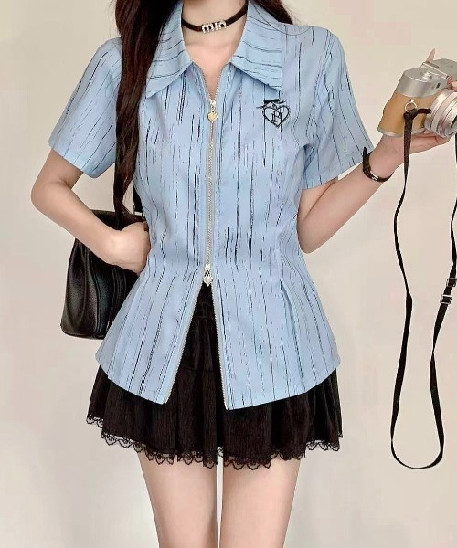 LADY LIKE（レディライク）の「フロントファスナーストライプ半袖シャツ（シャツ/ブラウス・レディース・サックスブルー・M）」の11枚目の写真