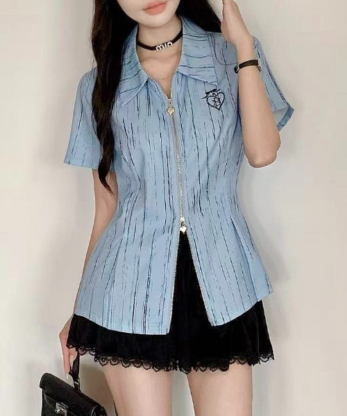 [весна/лето новинка] Front fastener stripe полурубашка с коротким рукавом