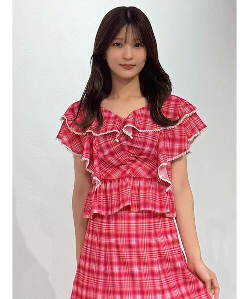 MERCURYDUO(マーキュリーデュオ)の「チェックプリントダブルラッフルブラウス(シャツ/ブラウス・レディース・ピンク/ネイビー・FREE)」の14枚目の写真