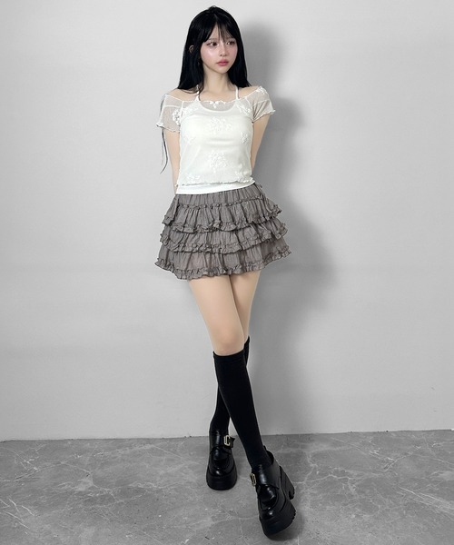 FOLLOWIN（フォロウィン）の「ヴィンテージフラワー刺繍ホルターキャミセットトップス（Tシャツ/カットソー・レディース・ホワイト/ブラック・FREE）」の4枚目の写真