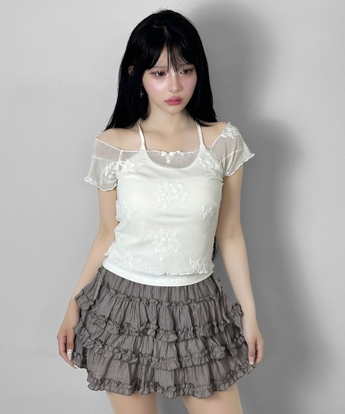 FOLLOWIN（フォロウィン）の「ヴィンテージフラワー刺繍ホルターキャミセットトップス（Tシャツ/カットソー・レディース・ホワイト/ブラック・FREE）」の7枚目の写真