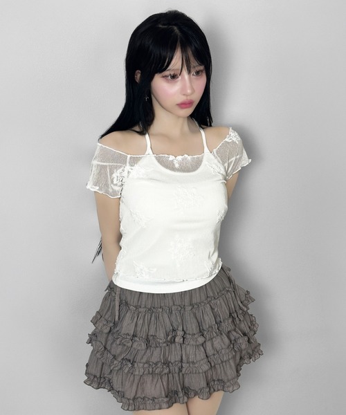 FOLLOWIN（フォロウィン）の「ヴィンテージフラワー刺繍ホルターキャミセットトップス（Tシャツ/カットソー・レディース・ホワイト/ブラック・FREE）」の8枚目の写真