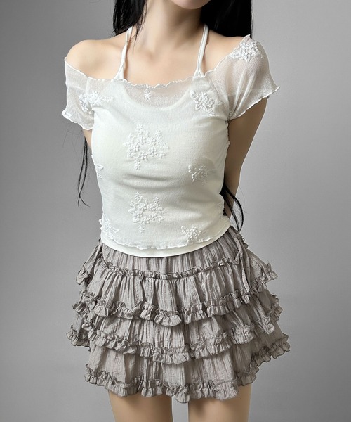 FOLLOWIN（フォロウィン）の「ヴィンテージフラワー刺繍ホルターキャミセットトップス（Tシャツ/カットソー・レディース・ホワイト/ブラック・FREE）」の9枚目の写真