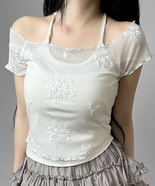 FOLLOWIN（フォロウィン）の「ヴィンテージフラワー刺繍ホルターキャミセットトップス（Tシャツ/カットソー・レディース・ホワイト/ブラック・FREE）」の11枚目の写真