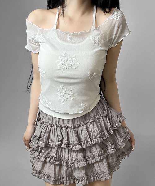 FOLLOWIN（フォロウィン）の「ヴィンテージフラワー刺繍ホルターキャミセットトップス（Tシャツ/カットソー・レディース・ホワイト/ブラック・FREE）」の12枚目の写真