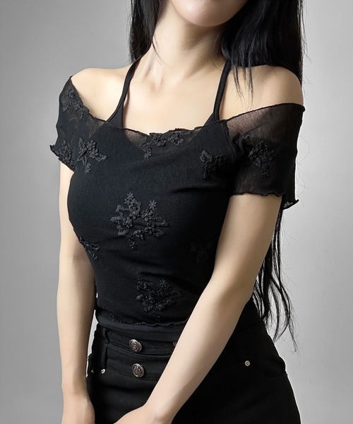 FOLLOWIN（フォロウィン）の「ヴィンテージフラワー刺繍ホルターキャミセットトップス（Tシャツ/カットソー・レディース・ホワイト/ブラック・FREE）」の21枚目の写真