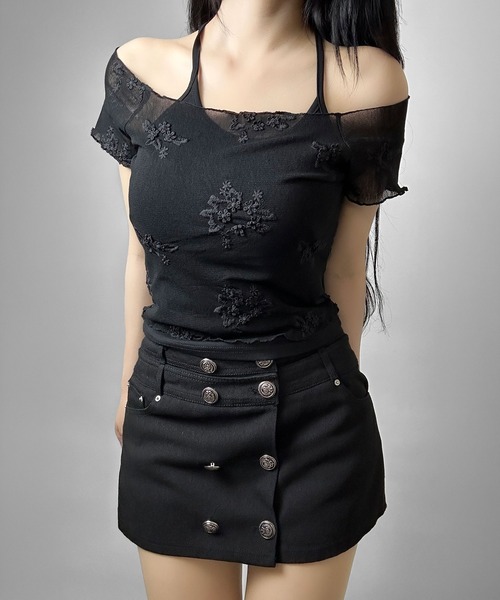 FOLLOWIN（フォロウィン）の「ヴィンテージフラワー刺繍ホルターキャミセットトップス（Tシャツ/カットソー・レディース・ホワイト/ブラック・FREE）」の22枚目の写真