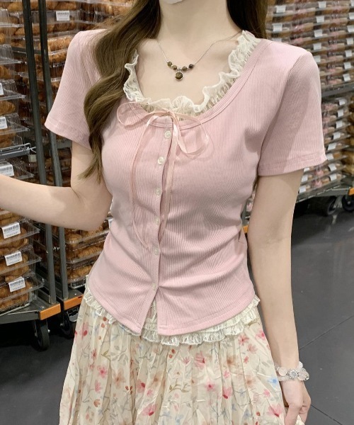 3color】レース重ねがあざと可愛いフェイクレイヤードリブトップス