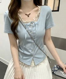 【3color】レース重ねがあざと可愛いフェイクレイヤードリブトップス / 韓国ガーリー半袖T