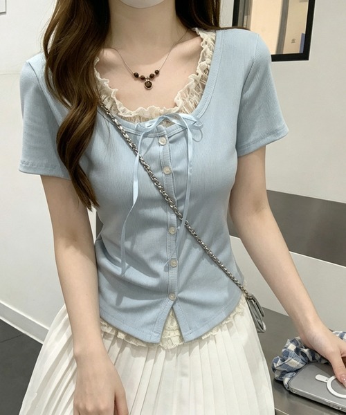GEMEDA(ジェメダ)の「【3color】レース重ねがあざと可愛いフェイクレイヤードリブトップス / 韓国ガーリー半袖T(Tシャツ/カットソー・レディース・ライトブルー/ピンク/ライトパープル・M)」の2枚目の写真