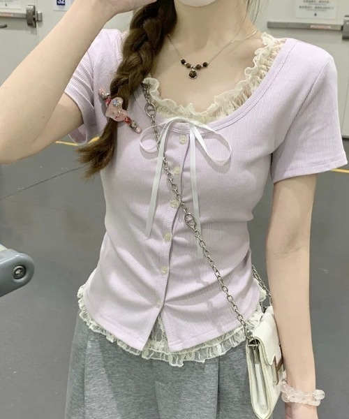 GEMEDA(ジェメダ)の「【3color】レース重ねがあざと可愛いフェイクレイヤードリブトップス / 韓国ガーリー半袖T(Tシャツ/カットソー・レディース・ライトブルー/ピンク/ライトパープル・M)」の5枚目の写真