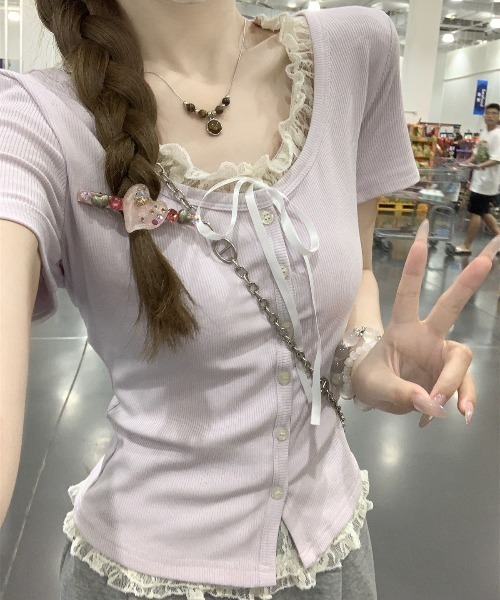 GEMEDA(ジェメダ)の「【3color】レース重ねがあざと可愛いフェイクレイヤードリブトップス / 韓国ガーリー半袖T(Tシャツ/カットソー・レディース・ライトブルー/ピンク/ライトパープル・M)」の6枚目の写真