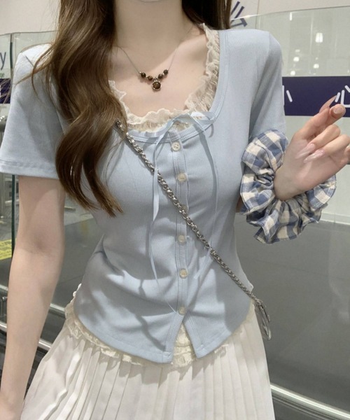 GEMEDA(ジェメダ)の「【3color】レース重ねがあざと可愛いフェイクレイヤードリブトップス / 韓国ガーリー半袖T(Tシャツ/カットソー・レディース・ライトブルー/ピンク/ライトパープル・M)」の8枚目の写真