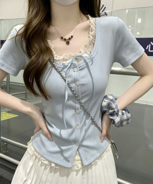 GEMEDA(ジェメダ)の「【3color】レース重ねがあざと可愛いフェイクレイヤードリブトップス / 韓国ガーリー半袖T(Tシャツ/カットソー・レディース・ライトブルー/ピンク/ライトパープル・M)」の9枚目の写真