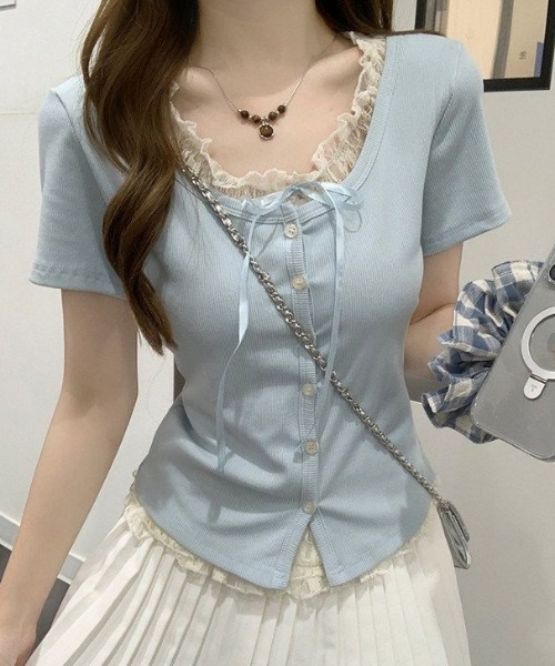GEMEDA(ジェメダ)の「【3color】レース重ねがあざと可愛いフェイクレイヤードリブトップス / 韓国ガーリー半袖T(Tシャツ/カットソー・レディース・ライトブルー/ピンク/ライトパープル・M)」の10枚目の写真