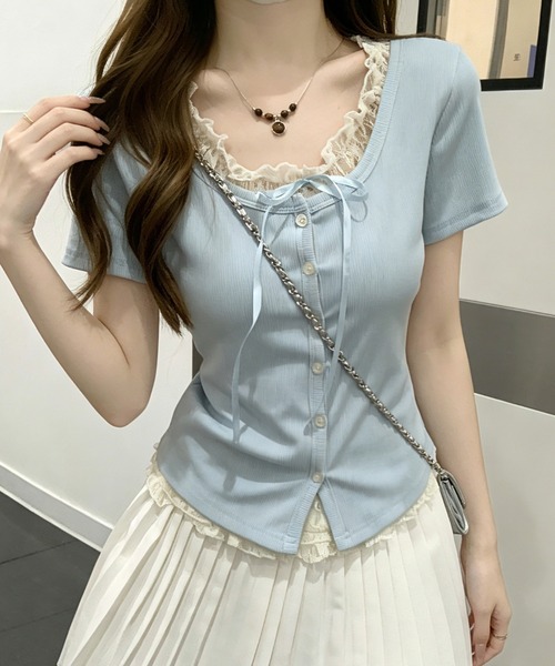 GEMEDA(ジェメダ)の「【3color】レース重ねがあざと可愛いフェイクレイヤードリブトップス / 韓国ガーリー半袖T(Tシャツ/カットソー・レディース・ライトブルー/ピンク/ライトパープル・M)」の11枚目の写真