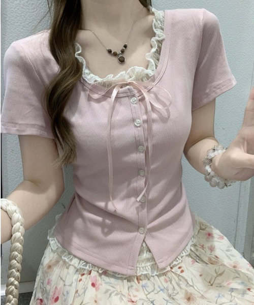 GEMEDA(ジェメダ)の「【3color】レース重ねがあざと可愛いフェイクレイヤードリブトップス / 韓国ガーリー半袖T(Tシャツ/カットソー・レディース・ライトブルー/ピンク/ライトパープル・M)」の14枚目の写真